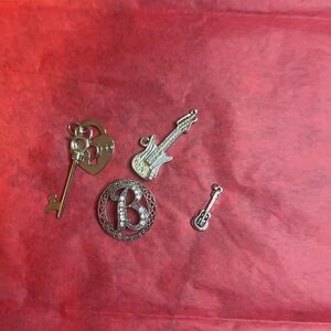 Charm Pendant Lot (4) Silver Tone Key Heart Lock + Guitar + “B” Rhinestone